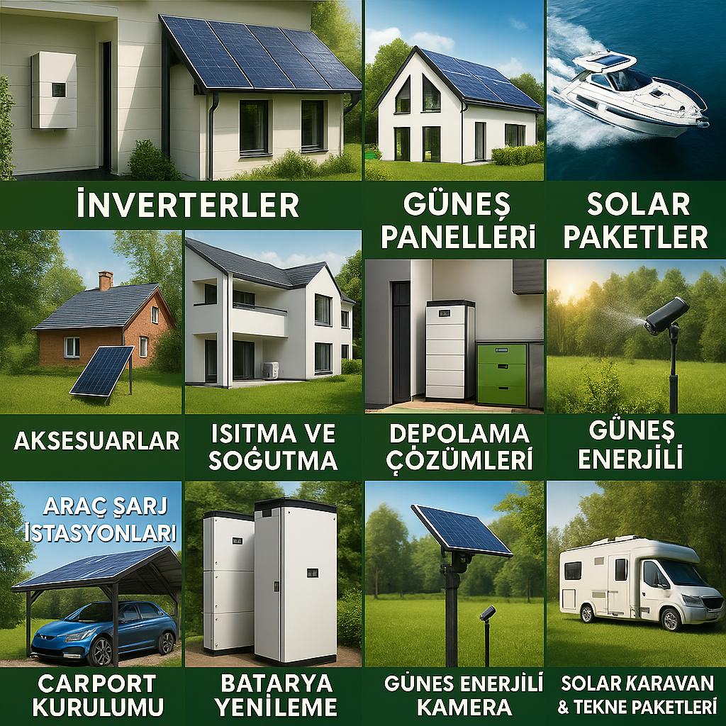 RNEV Enerji'nin yeşil teknolojiler, invertörler, solar paneller, şarj istasyonları, depolama ve carport çözümlerini içeren ürün yelpazesi